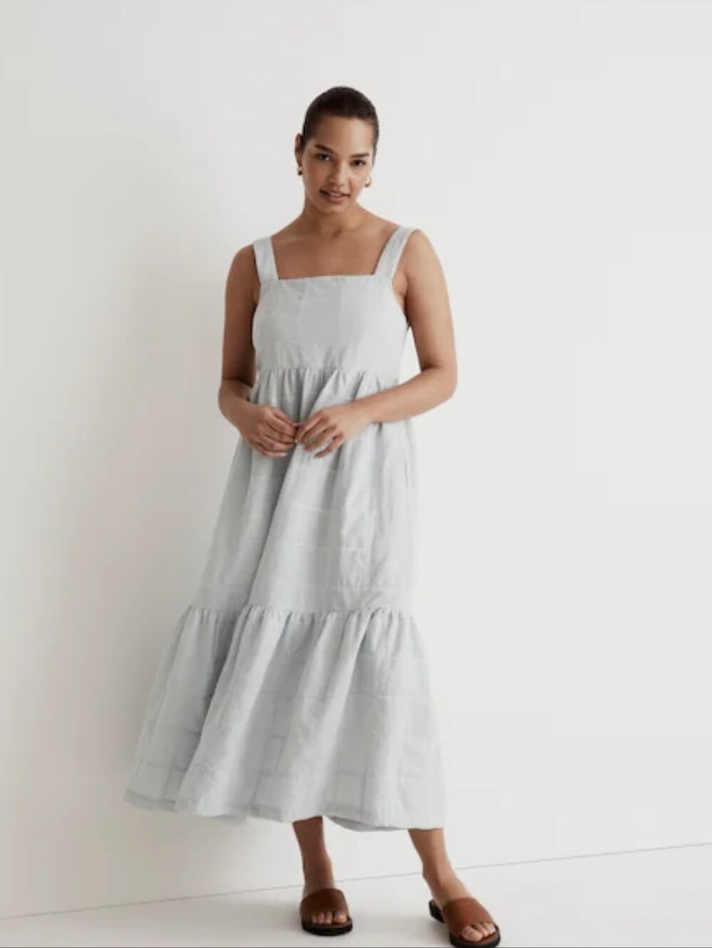 MADEWELL Seersucker Patchwork Tiered Midi Cotton Dress Sz 8 Cottagecore Coastal